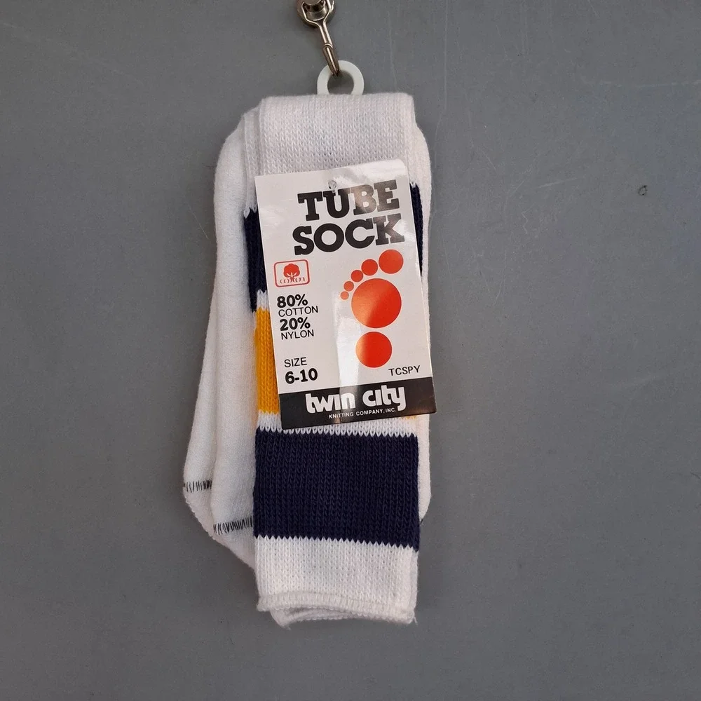 Vtg NOS Deadstock Twin City White Navy Gold Striped Boys Tube Socks 6-10 USA